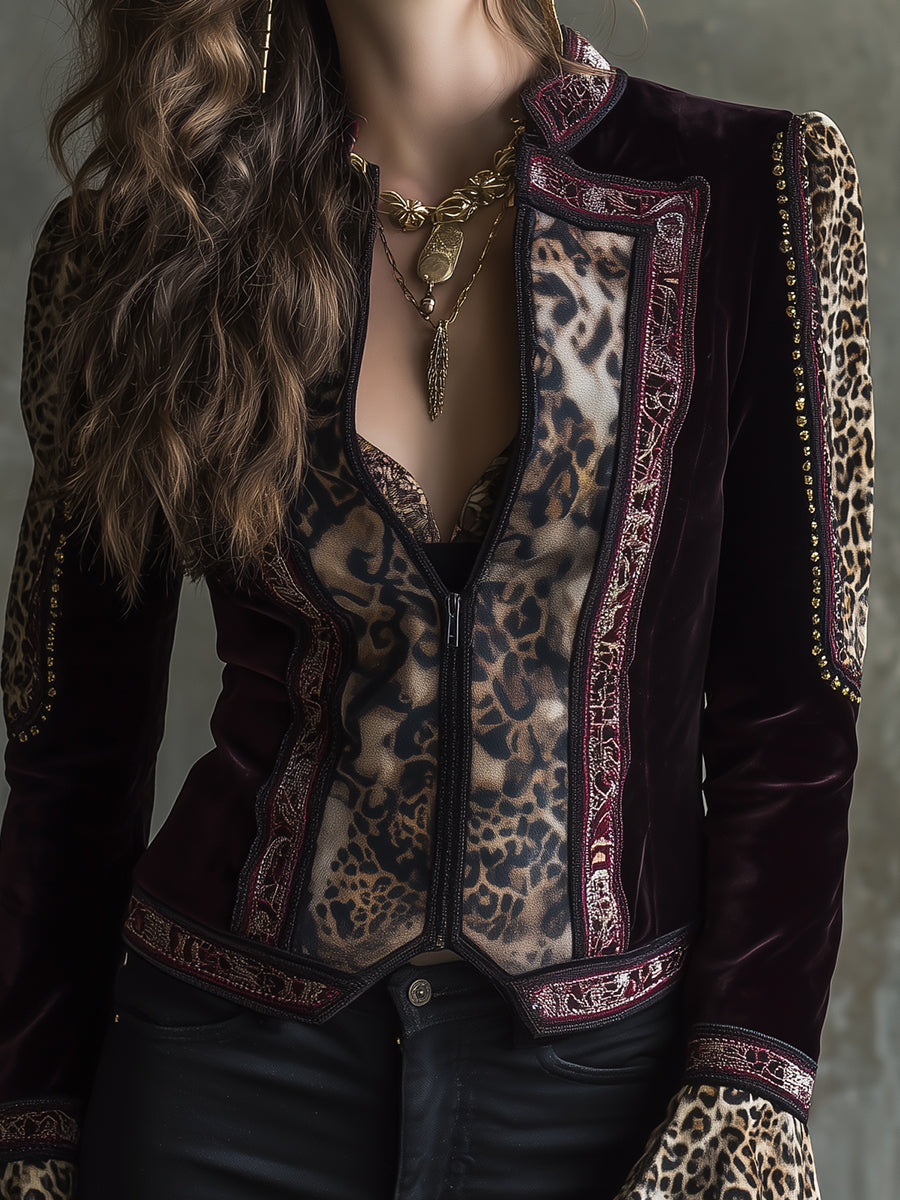 Quietly Luxurious Short Beaded Leopard Print Polyester Velvet Jacket