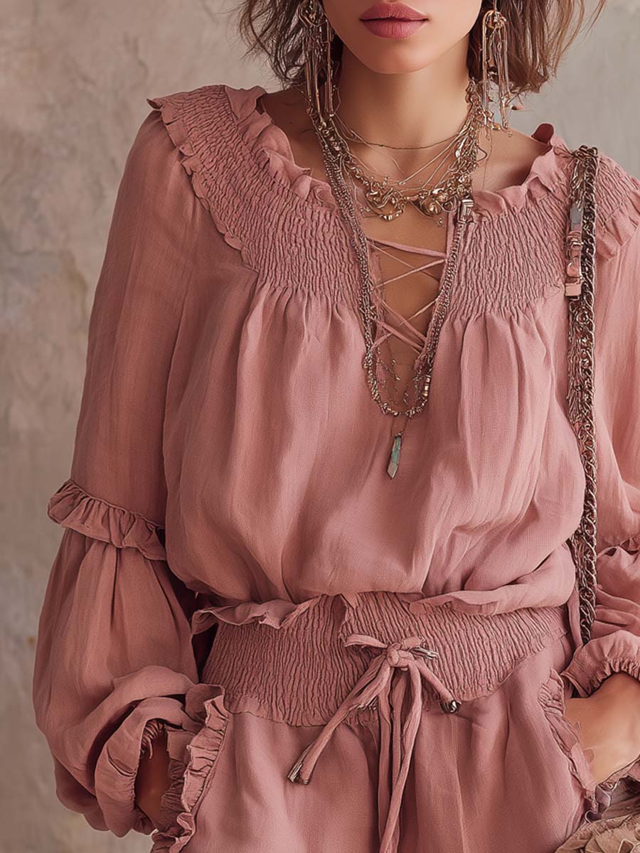 Vintage Pleated Ruffle Cotton And Linen Two-piece Set