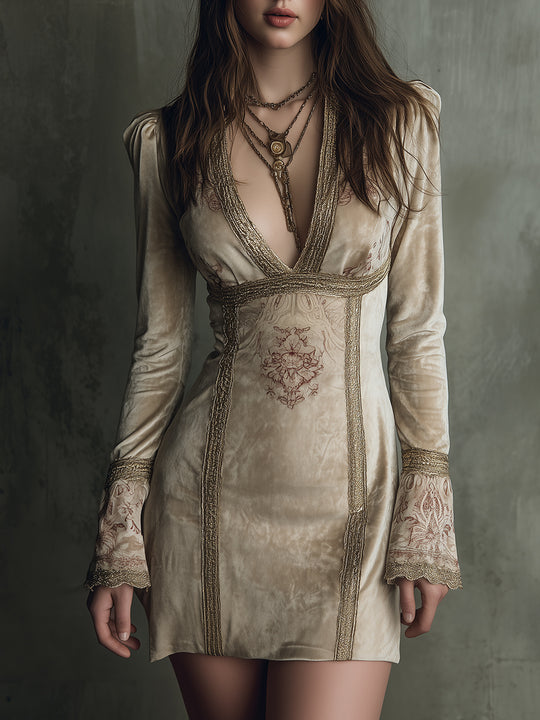 Retro Totem Webbing Spliced polyester Velvet Mini Dress