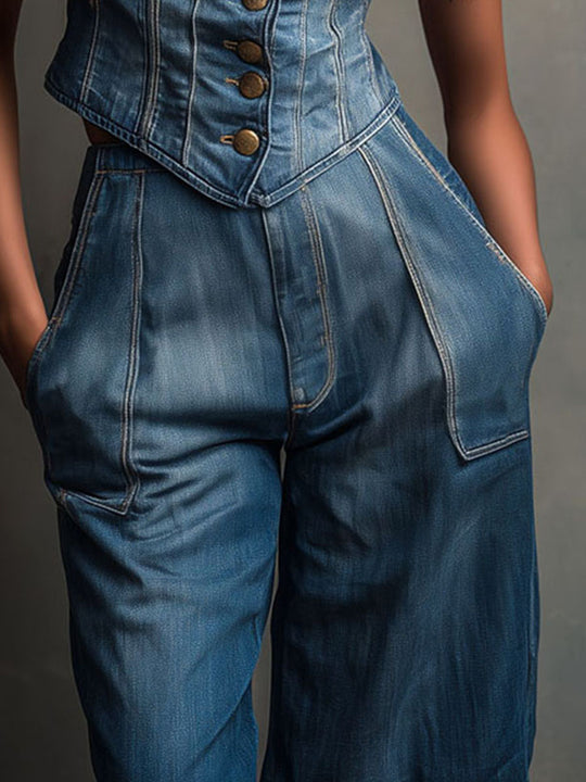Vintage Casual Denim Wide-Leg Culotte Pants