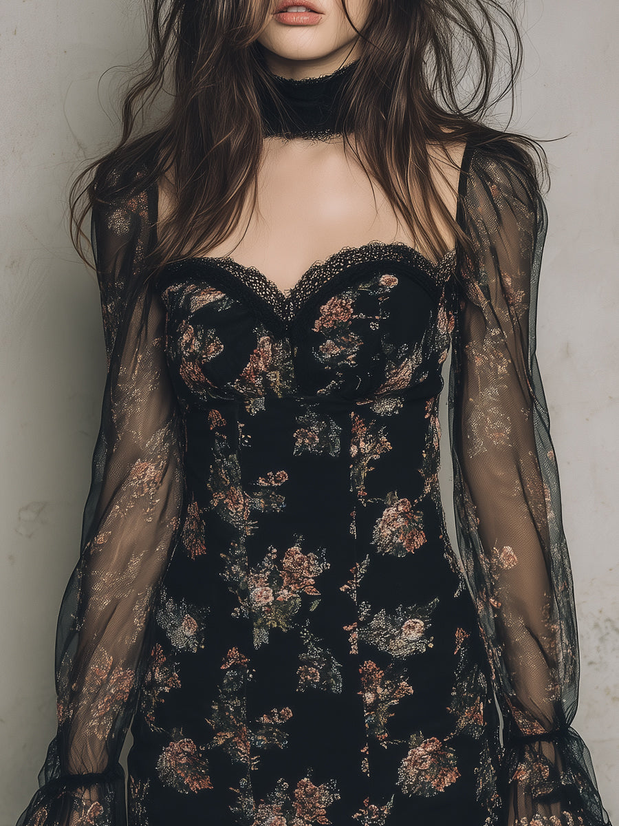 Elegant Printed Mesh Panel Mini Dress With Lace Trim