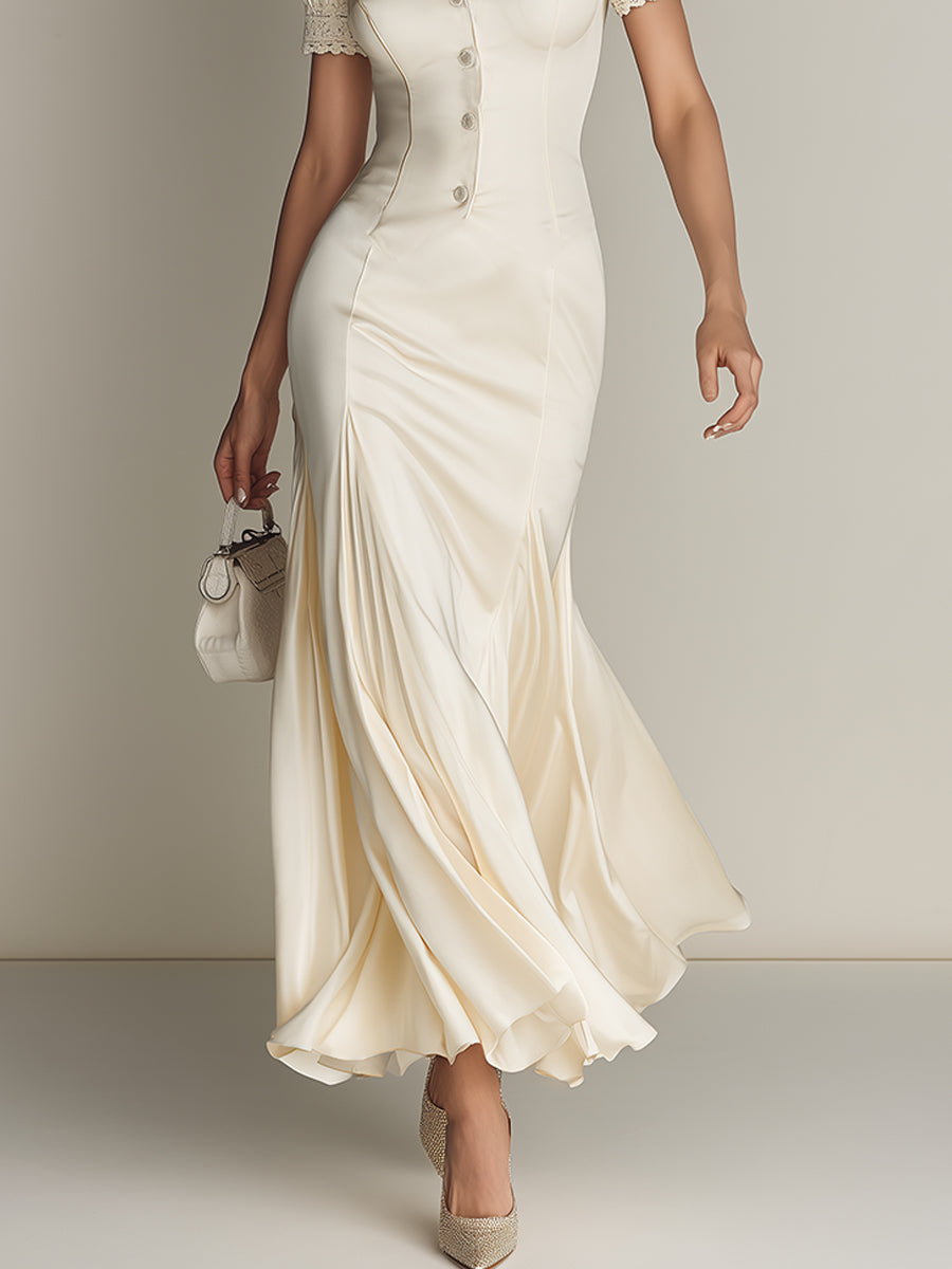 Elegant Color Lace Spliced mermaid Hem Maxi Dress