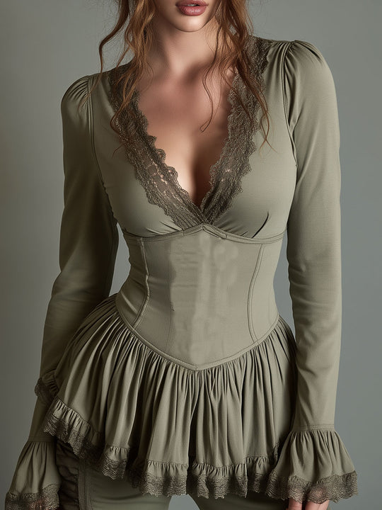 Chic V-Neck Olive Green Peplum Blouse With Lace Trim & Corset Waist