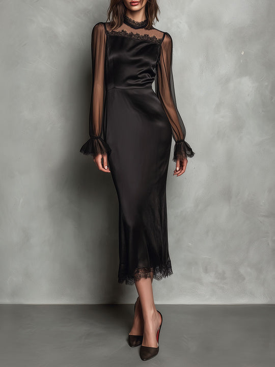 Elegant Black Satin Sheer Long Sleeve  Lace Trim Cocktai Midi Dress