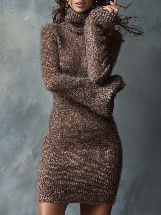 Soft Fluffy Knit Turtleneck Mini Dress