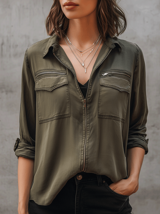 Minimalist Urban Cargo-Chic Zip In Olive Shirt