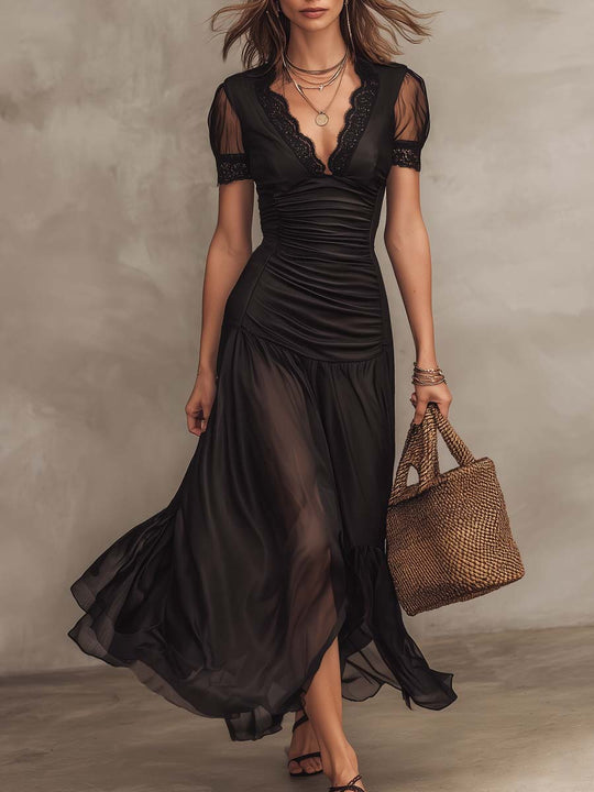 Retro Ruched Waist Sheer Hem Polyester Satin Midi Dress