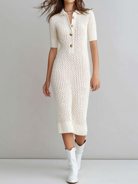Quiet Luxury Cream Textured Knit Polo Midi Dress