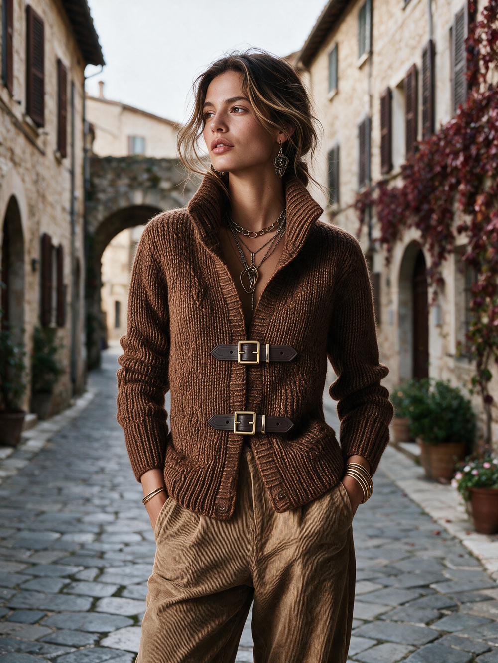 Vintage Brown Cable Knit Leather Buckle Jacket