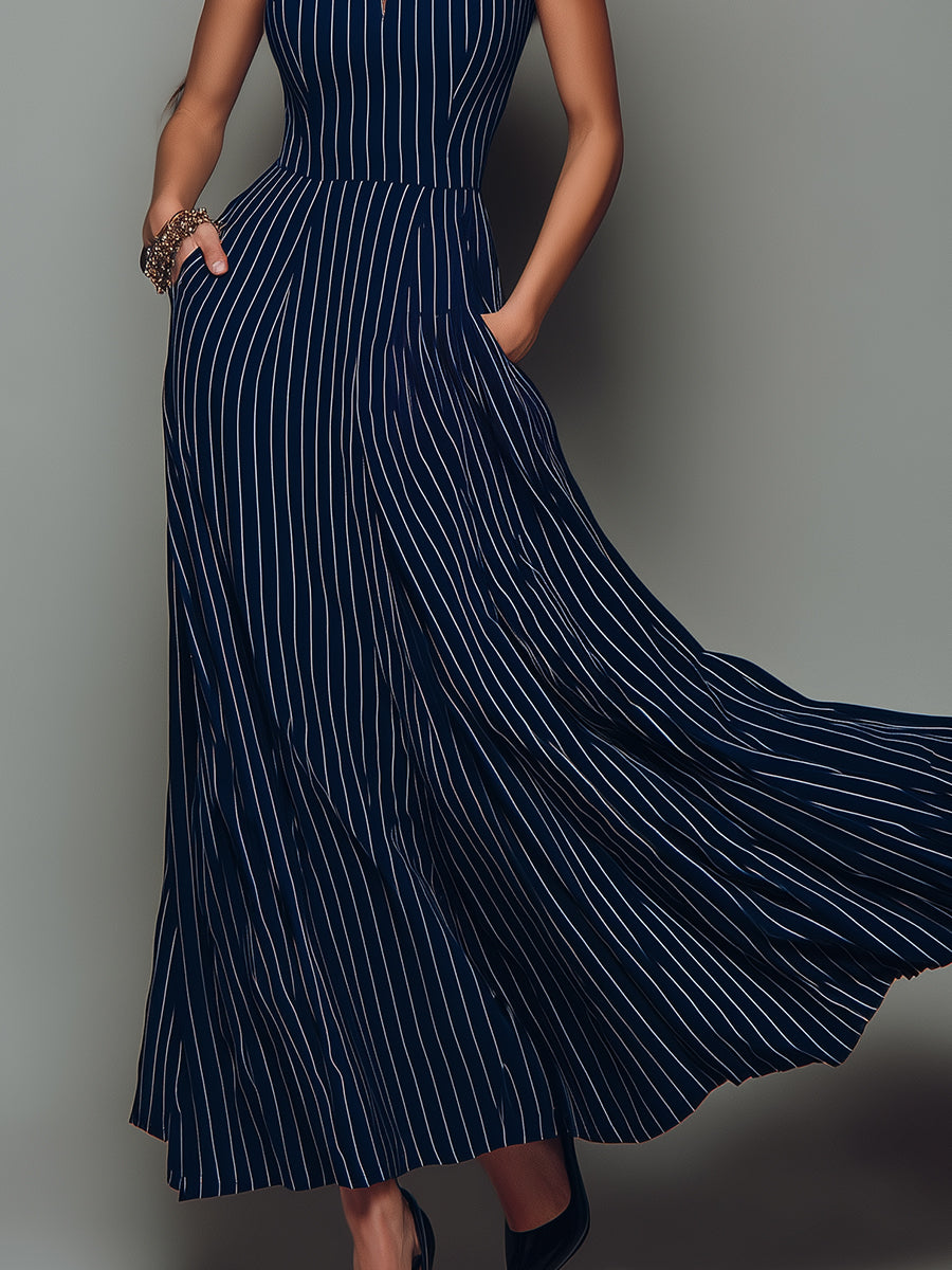 Retro Striped V-neck Sleeveless Maxi Dress