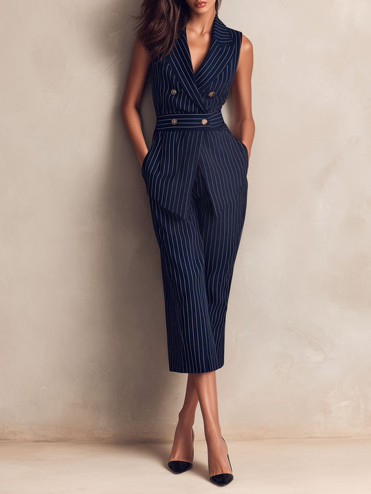Retro Navy Pinstripe Double-Breasted Waist & Cropped Pants Set