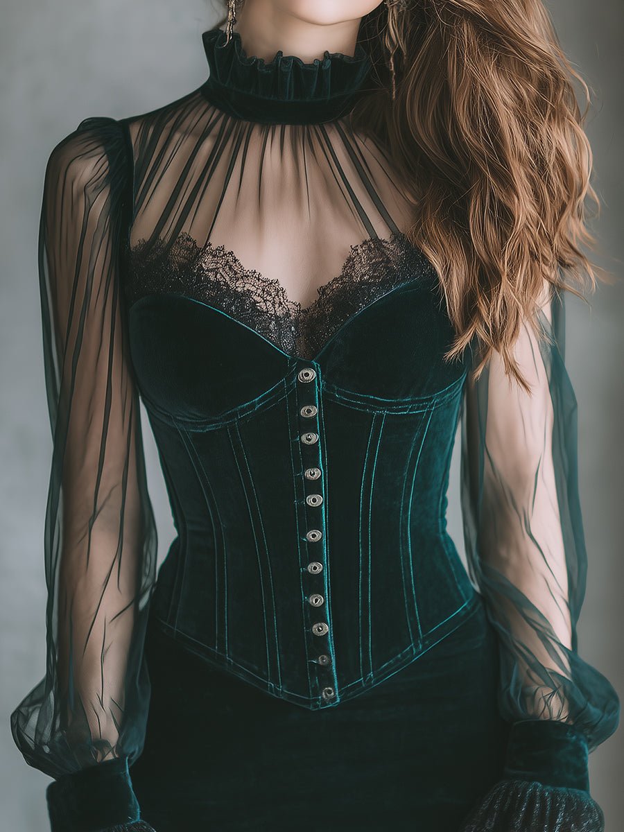 Elegant Polyester Velvet Mesh Spliced stand Collar Slim Mini Dress