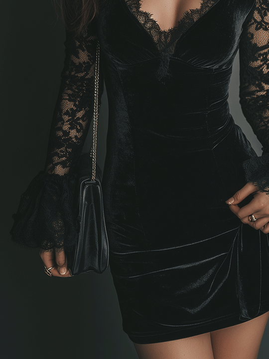 Romance Midnight Velvet Lace Bell-Sleeve Mini Dress