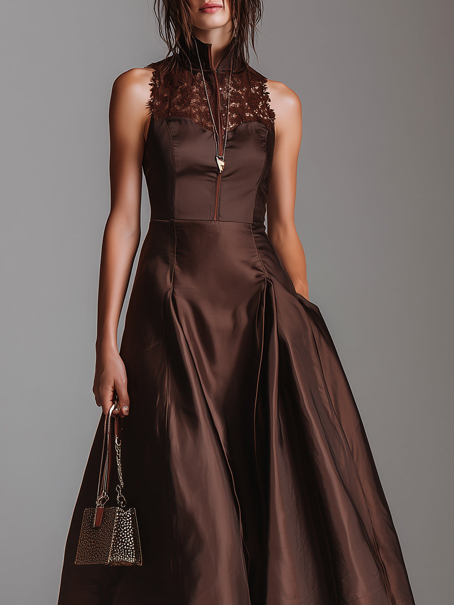 Elegant Shiny Satin And Lace Patchwork Sleeveless Midi Dress