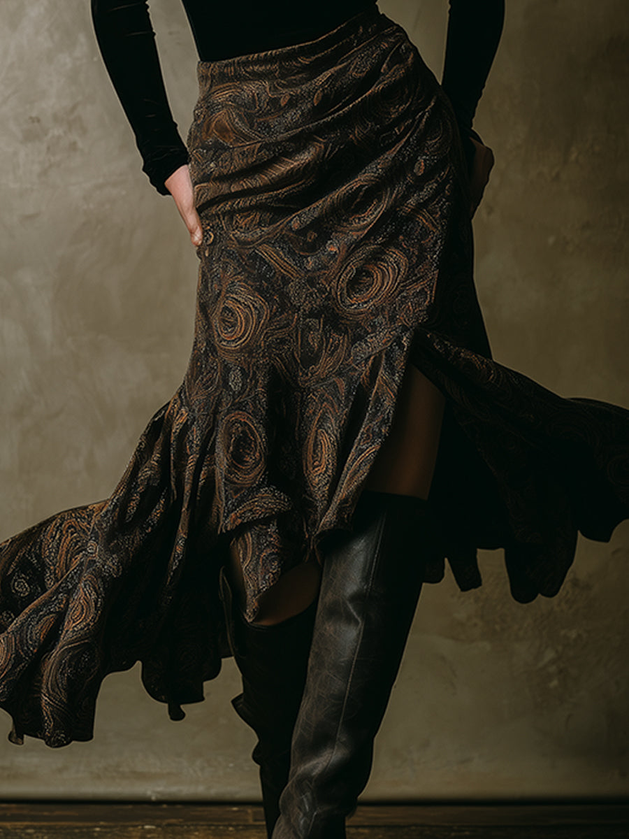 Retro Polyester Velvet Slim Fit Top & Paisley Pattern Ruffled Hem Midi Skirt Set