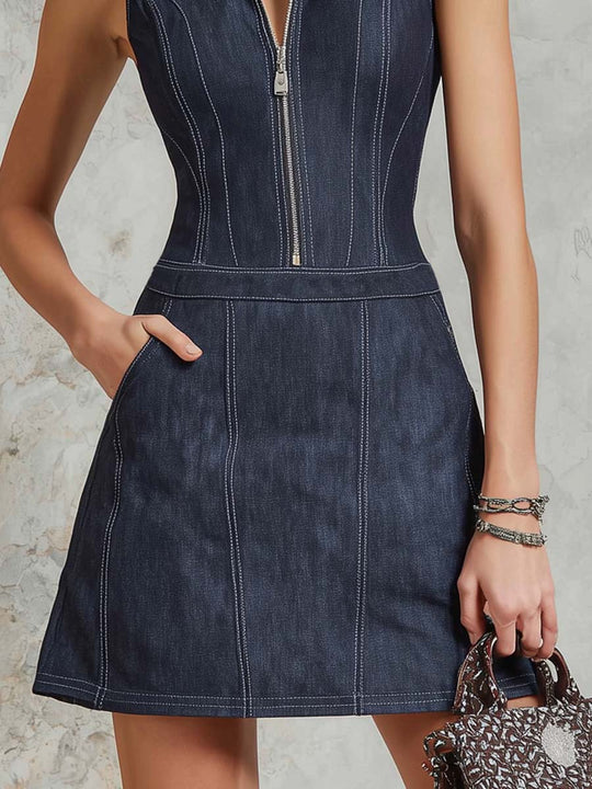 Retro Sleeveless Zip-up Collar Denim Mini Dress