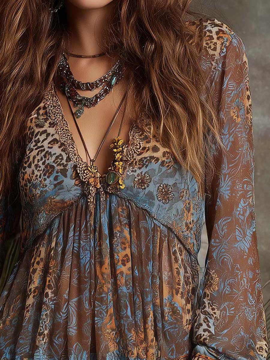 Boho Mixed-Print Sheer Chiffon Peasant Top