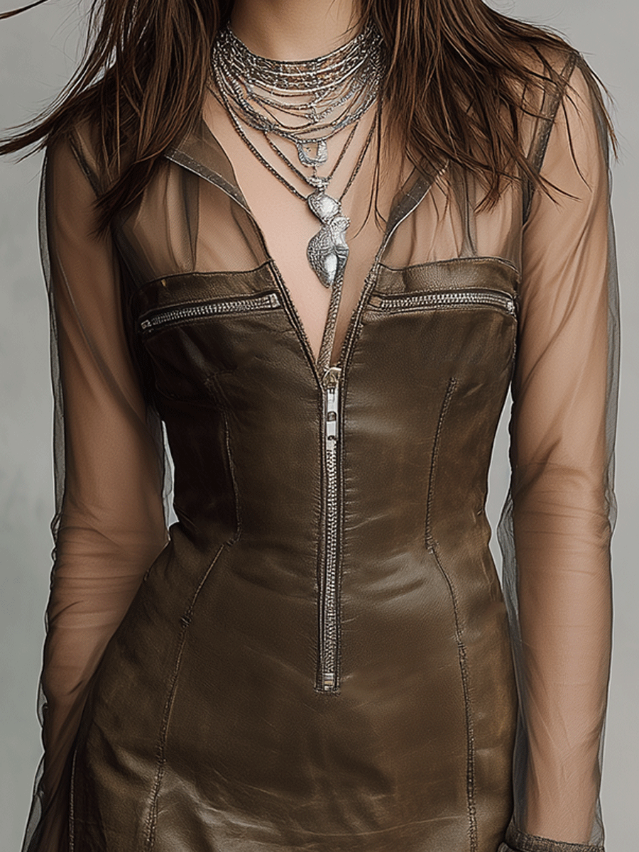 Vintage Mesh Panel Zippered Lace-Trimmed Leather Dress