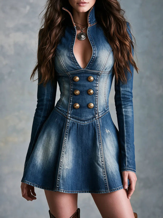 Boho Stand Collar Washed Denim Double‑Breasted Mini Dress