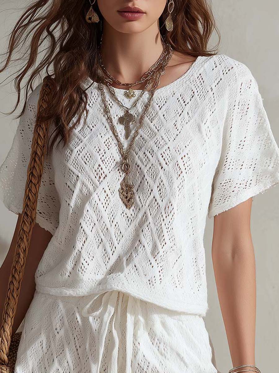 Boho White Openwork Knit Two-Piece Set