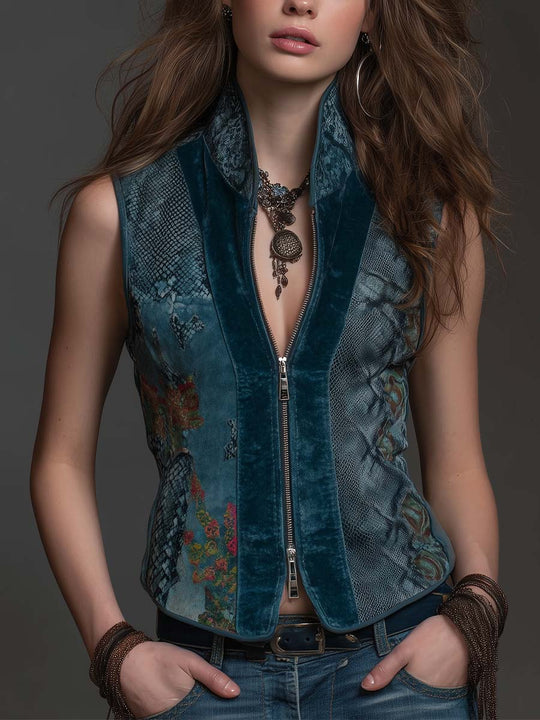 Deep Teal Velvet Zip-Front Vest Top