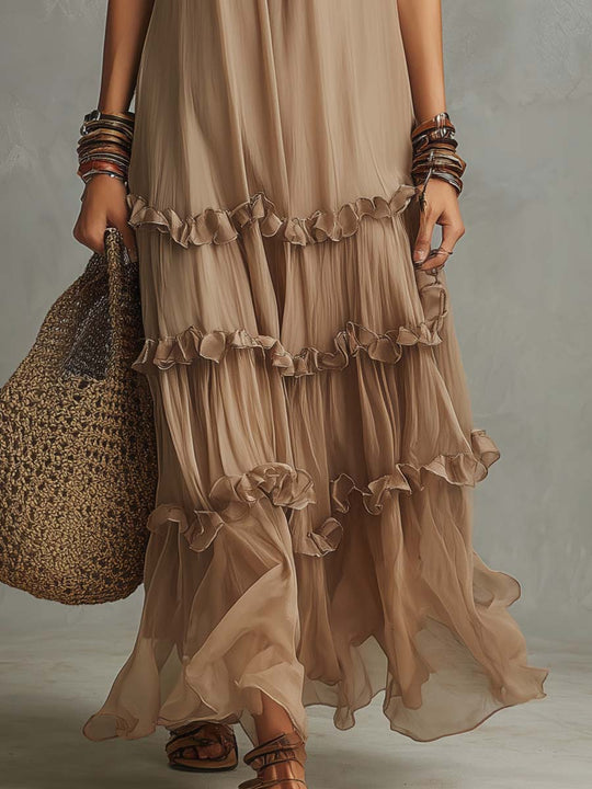 Boho Vintage Taupe Ruffle Tiered Maxi Dress