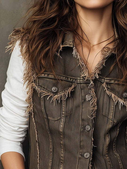 Vintage Distressed Frayed Denim Vest
