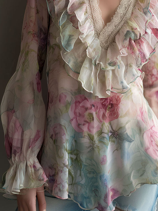 Romantic Floral Sheer Chiffon Ruffle Blouse With Lace Neckline