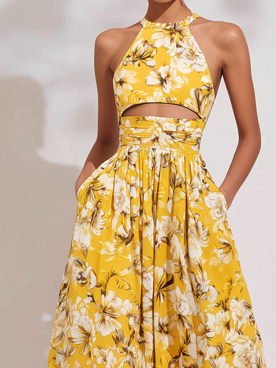 Boho Halter Yellow Botanical Print A Line Cutout Midi Dress With Pockets