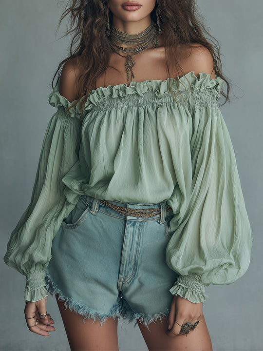 Retro Off-the-shoulder Chiffon Blouse With Lantern Sleeves