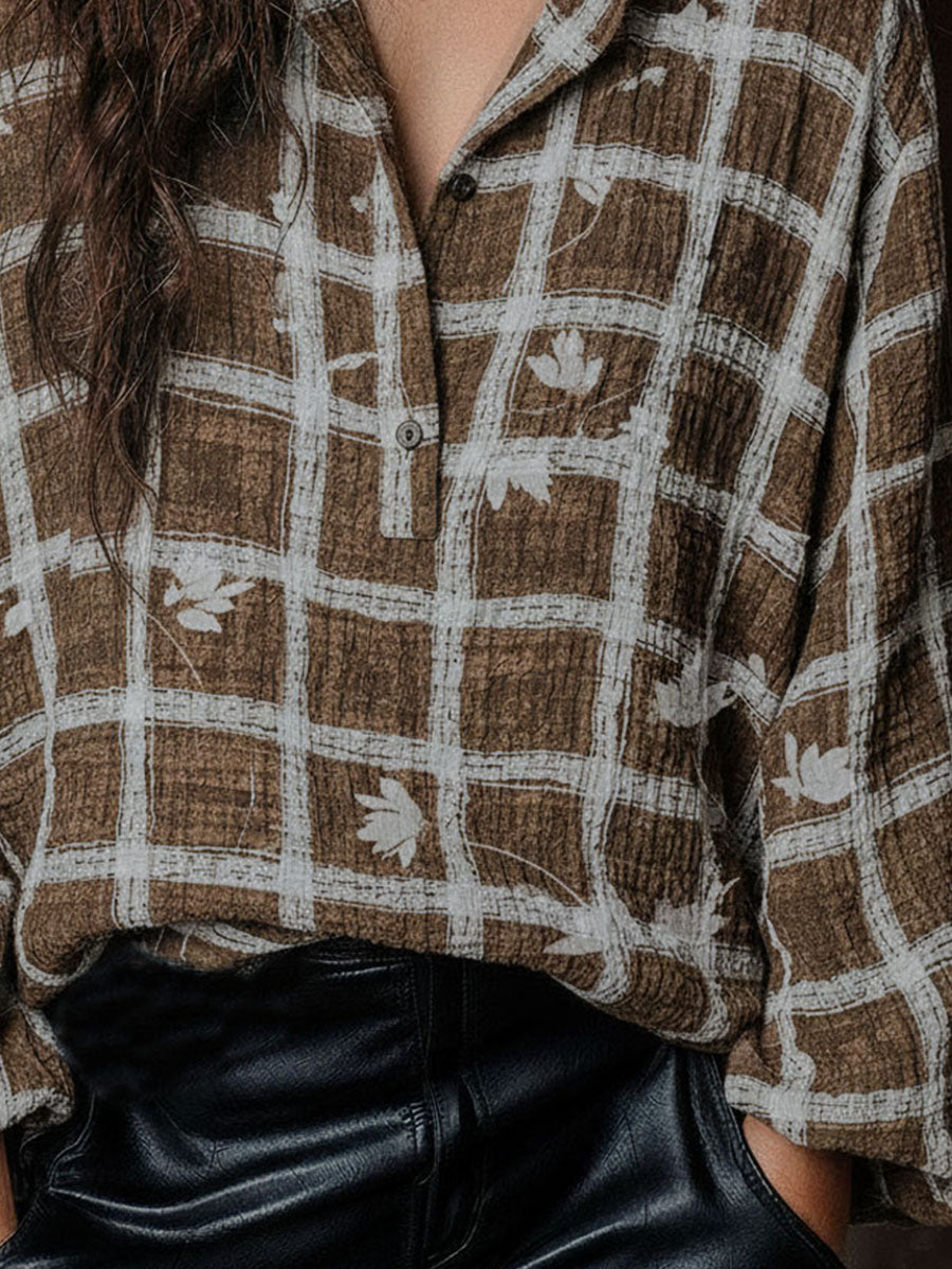 Bohemian Brown Plaid Leaf Print Textured Shirt