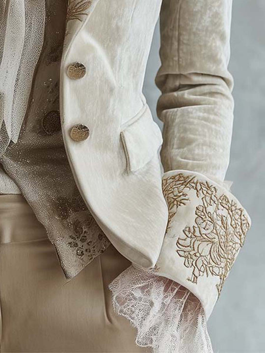 Ivory Velvet Embroidered Blazer With Lace Cuffs