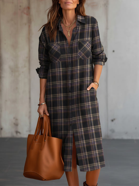 Retro Wool Plaid Straight Shirt Mid-length Dress