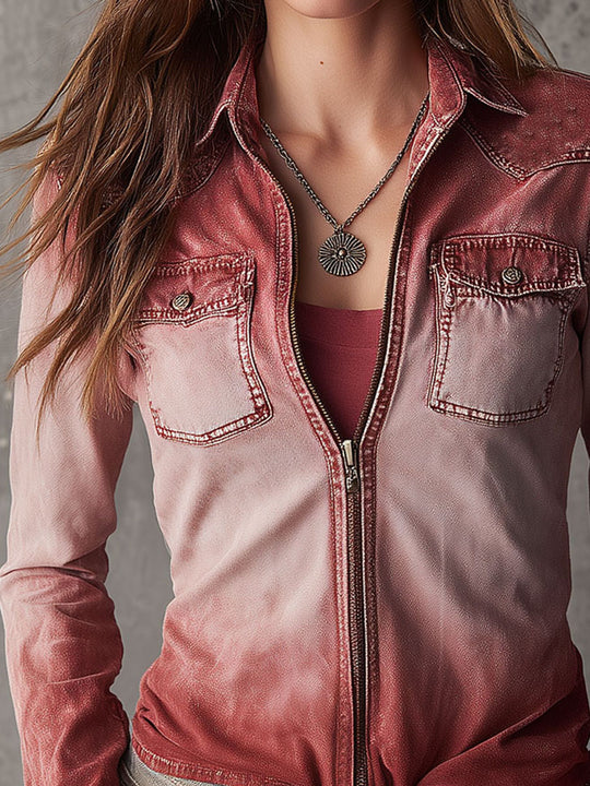 Casual Gradient Wash Faded Red Ombre Zip-Up Denim Shirt
