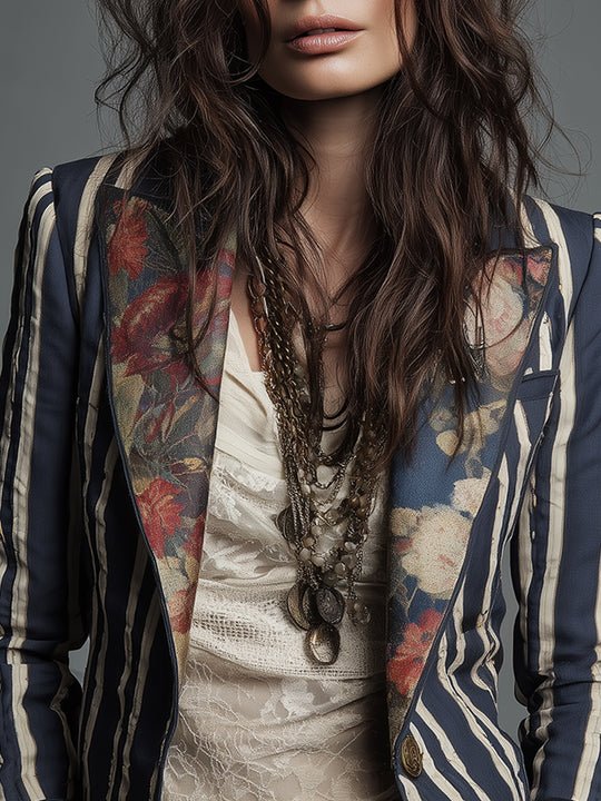 Bohemian Floral Print Cotton And Linen Striped Blazer