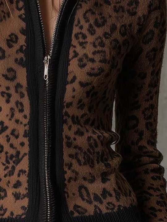 Vintage Leopard Print Slim Fit Zip Cardigan