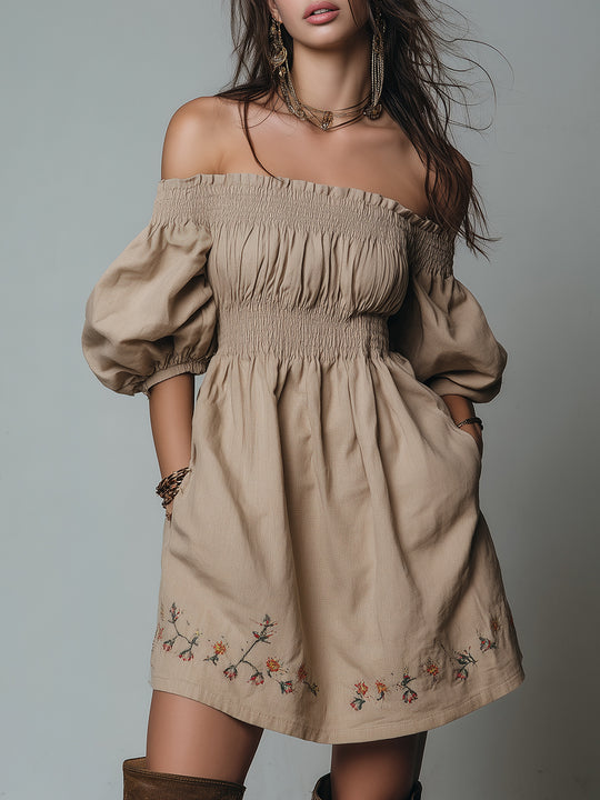 Off-the-shoulder Embroidered Shirred Cotton Blend Mini Dress