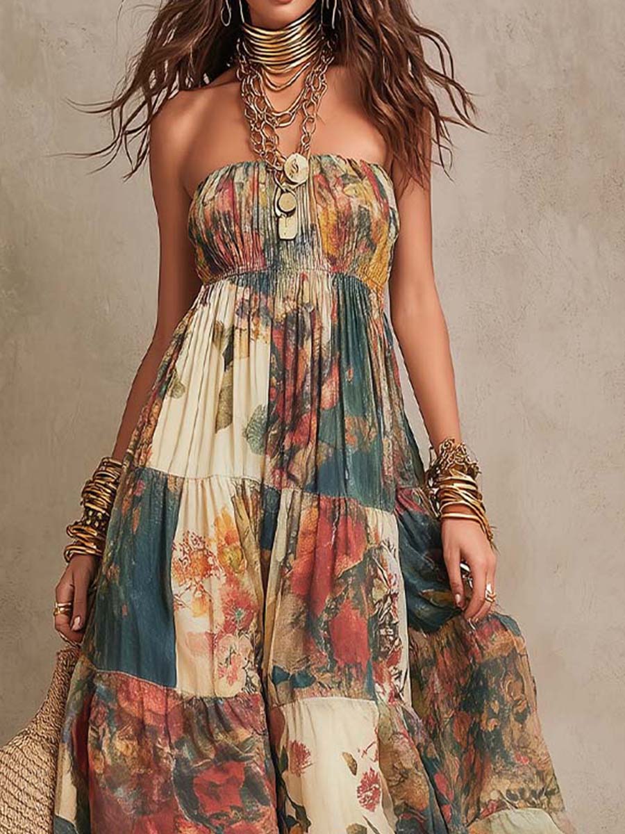 Bohemian Strapless Patchwork Floral Tiered Maxi Dress