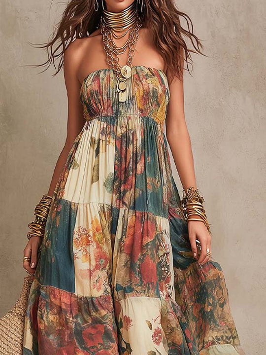 Bohemian Strapless Patchwork Floral Tiered Maxi Dress