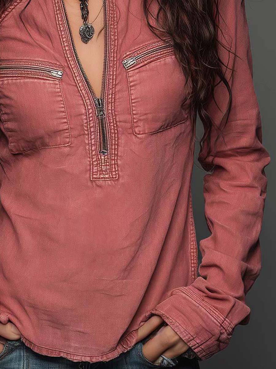 Pure-Cotton Washed Denim Zip Shirt