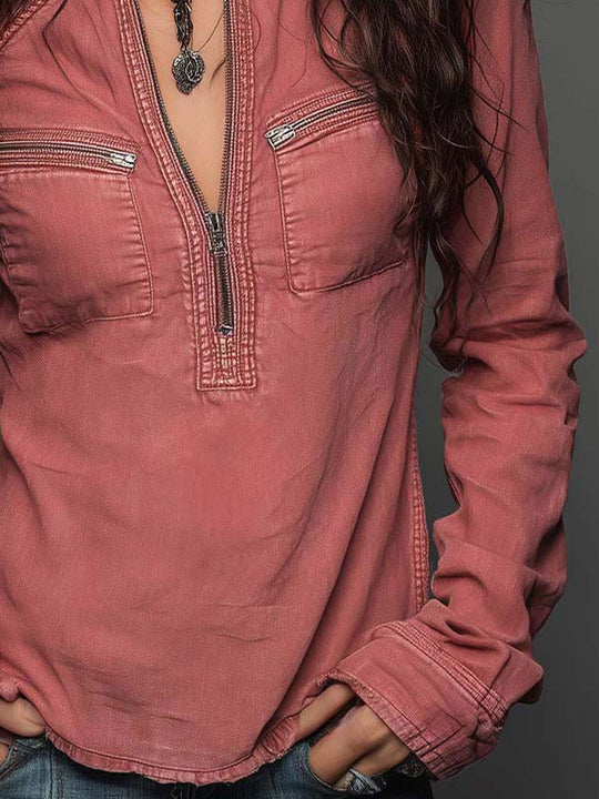 Pure-Cotton Washed Denim Zip Shirt