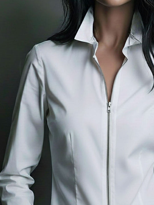 Minimalism White Tailored Structure Zip-Up Shirt