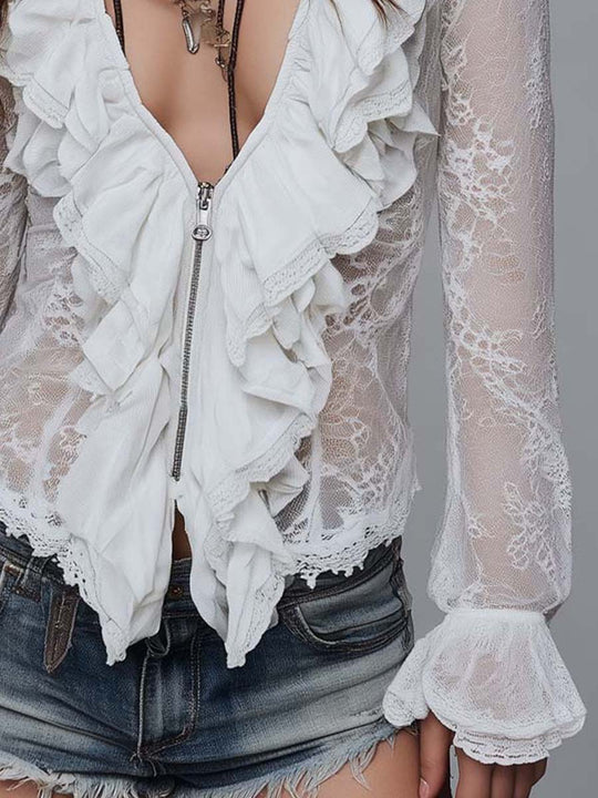 Bohemia White Lace Ruffle Zip Blouse