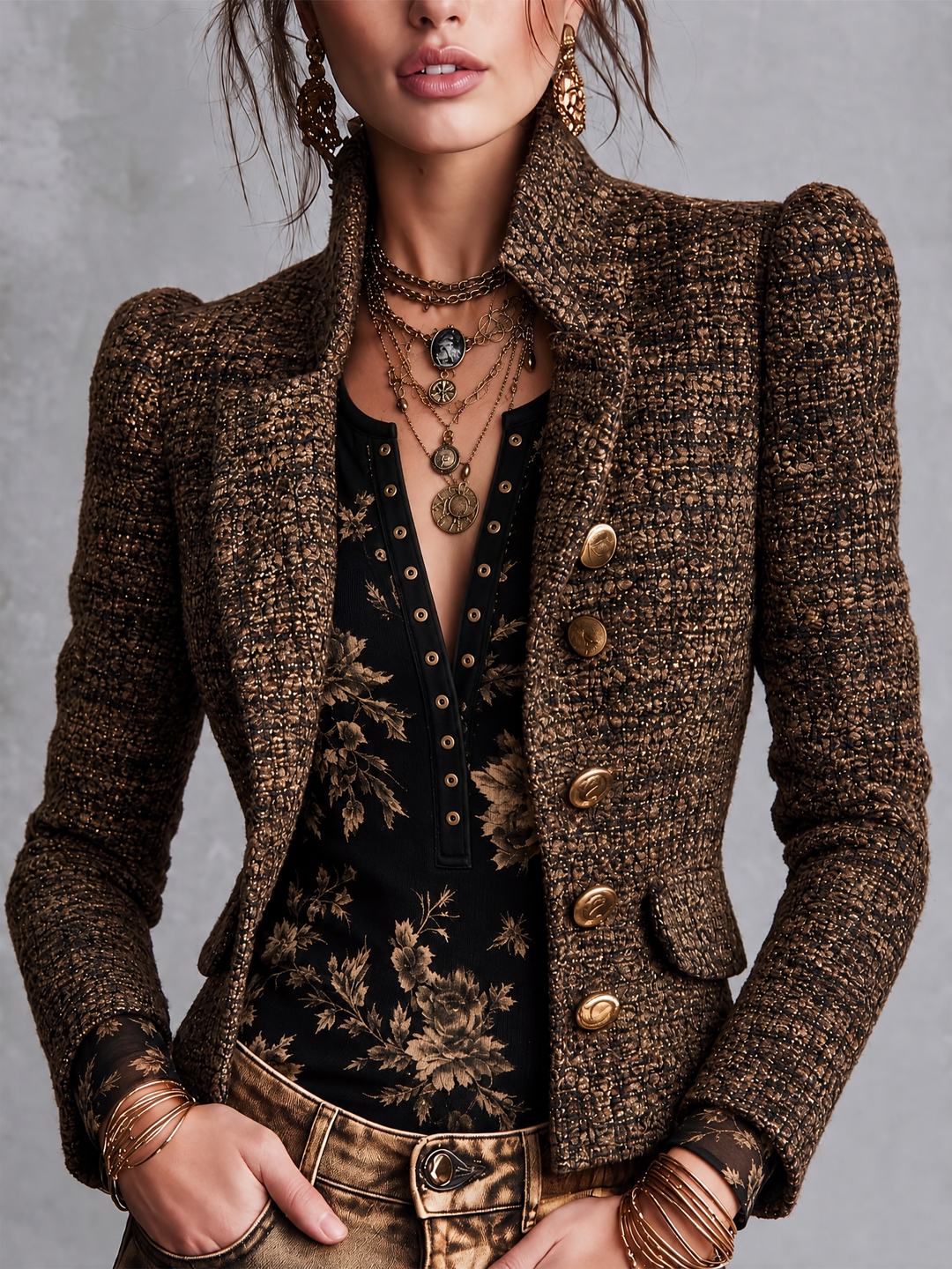 Boho Retro Floral Print Henley Button‑Front Sheer Mesh Blouse