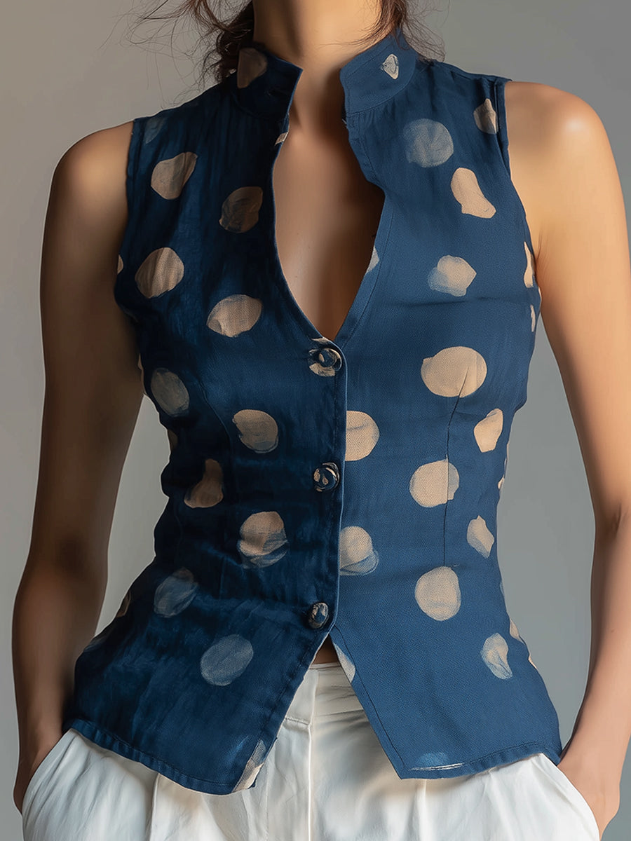 Retro Polka Dot Stand-collar Slim-fit Vest