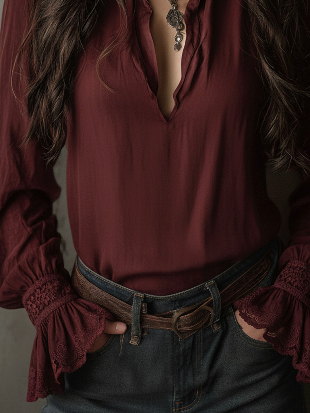Boho V-Neck Deep Wine Red Blouse With Lace Cuffs