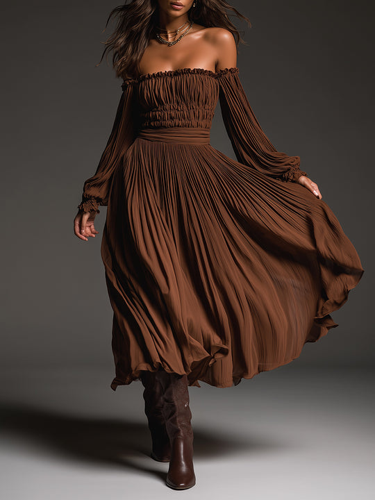 Retro One-shoulder Holiday Pleated Chiffon Midi Dress