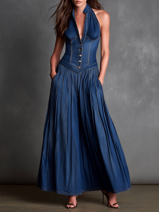 Retro Denim Pleated Skirt Halter Maxi Dress