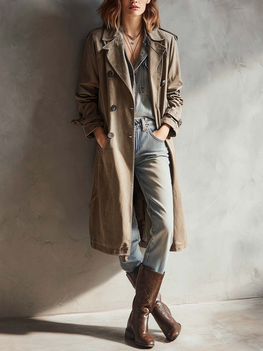 Washed Olive Pure-Cotton Denim Trench Coat