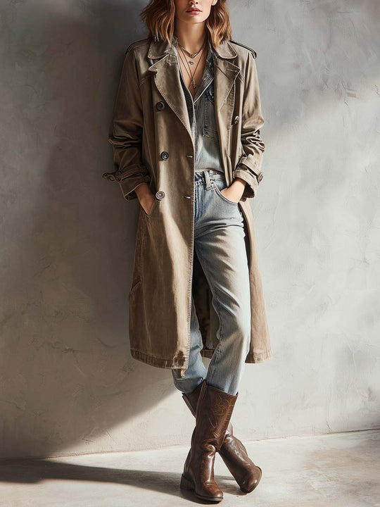Washed Olive Pure-Cotton Denim Trench Coat